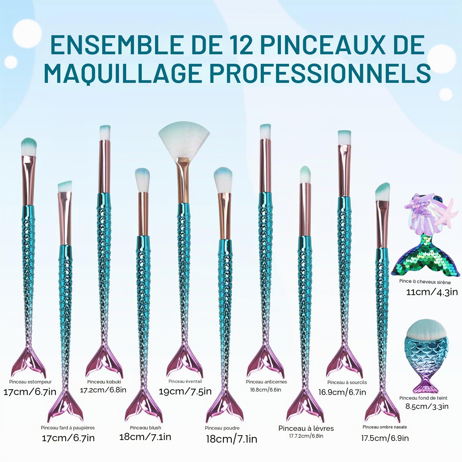 12 PCS Ensembles de Pinceaux de Maquillage de, Mermaid Maquillage Pinceaux Set avec une barrette Brosse Cosmétique de Nylon Beauté Brosses Kit Fond de Teint Poudre Crème Sourcils Eyeliner Fard à Joues