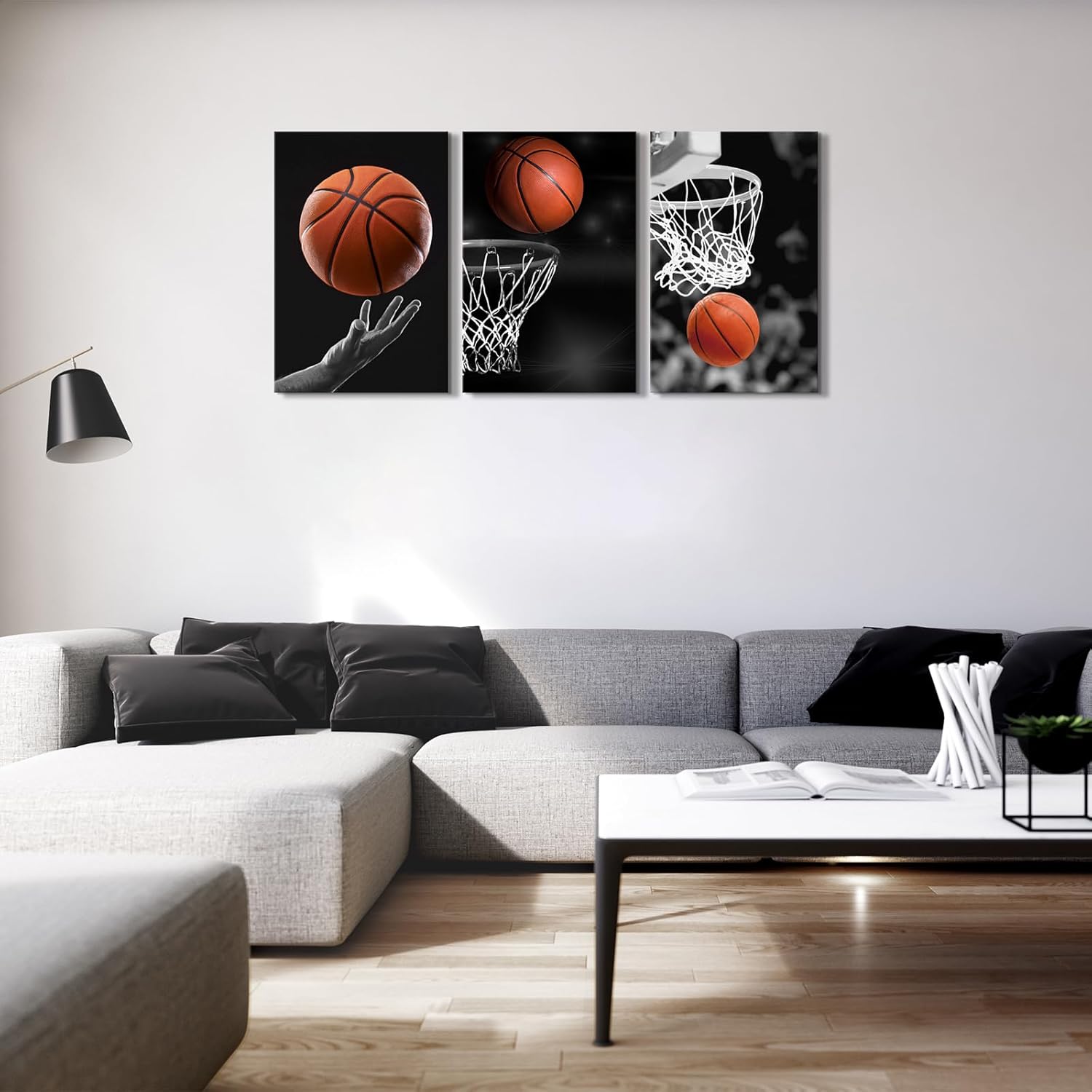 KAWAHONE -3 Pieces Black and White Sports Canvas Basketball Wall Art Basketball Poster Art - Framed Gift for Sports Fans,Men, Boys, Teens,Art Decorations for Office, Bedroom, Living Room
