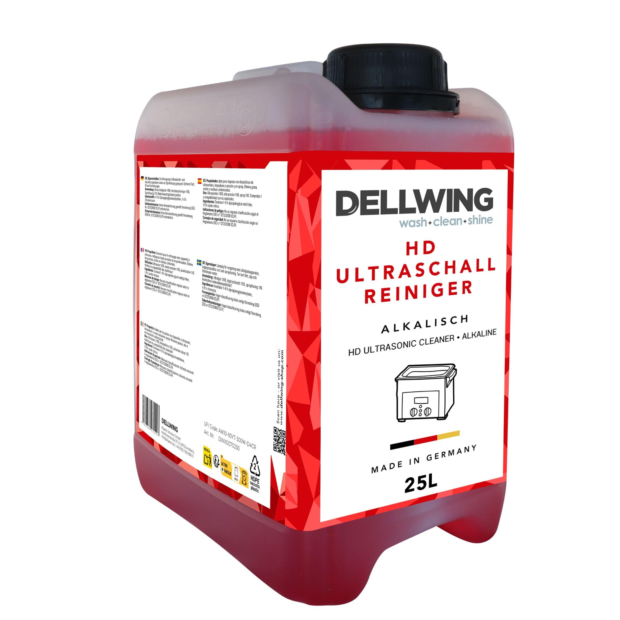 Dellwing Detergente ad ultrasuoni HD 25 l, concentrato di pulizia alcalina per ricambi auto, detergente carburatore, prodotto in Germania