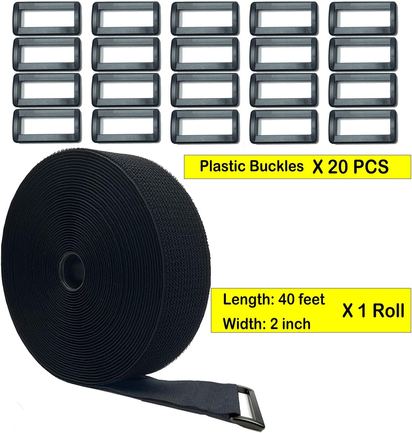 Wide 2" ×40 Ft Long Hook and Loop Cable Straps with 20 Heavy Plastic Buckles, Adjustable Nylon Tie Down Straps,Free Cut Length and Width, Reusable, Black