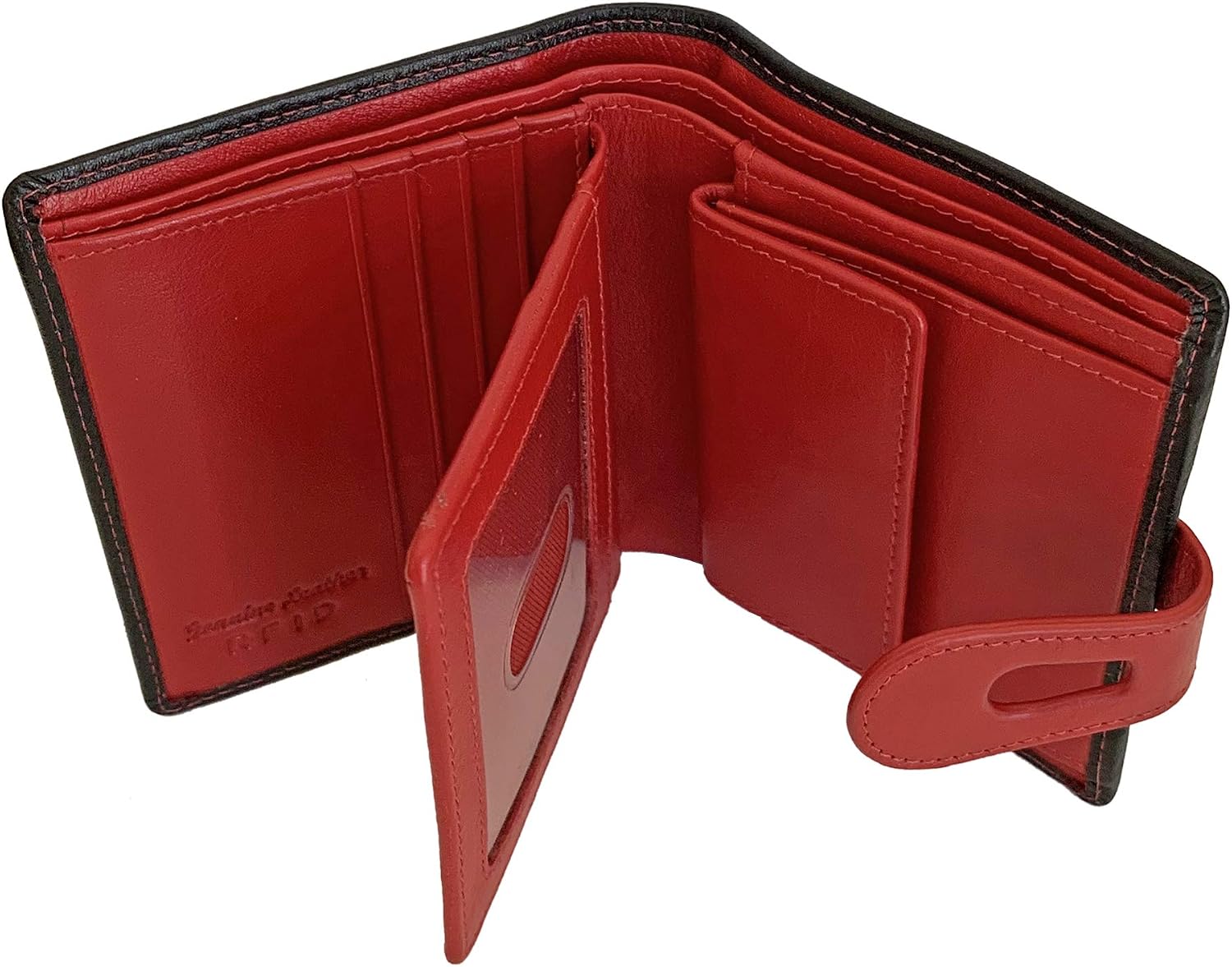 Personalized Genuine Leather Womens Small Wallet, RFID Blocking, Slim, With Credit Card Holders, Coin Pocket, ID Window, Snap Closure, Small Bifold - Black/Red
