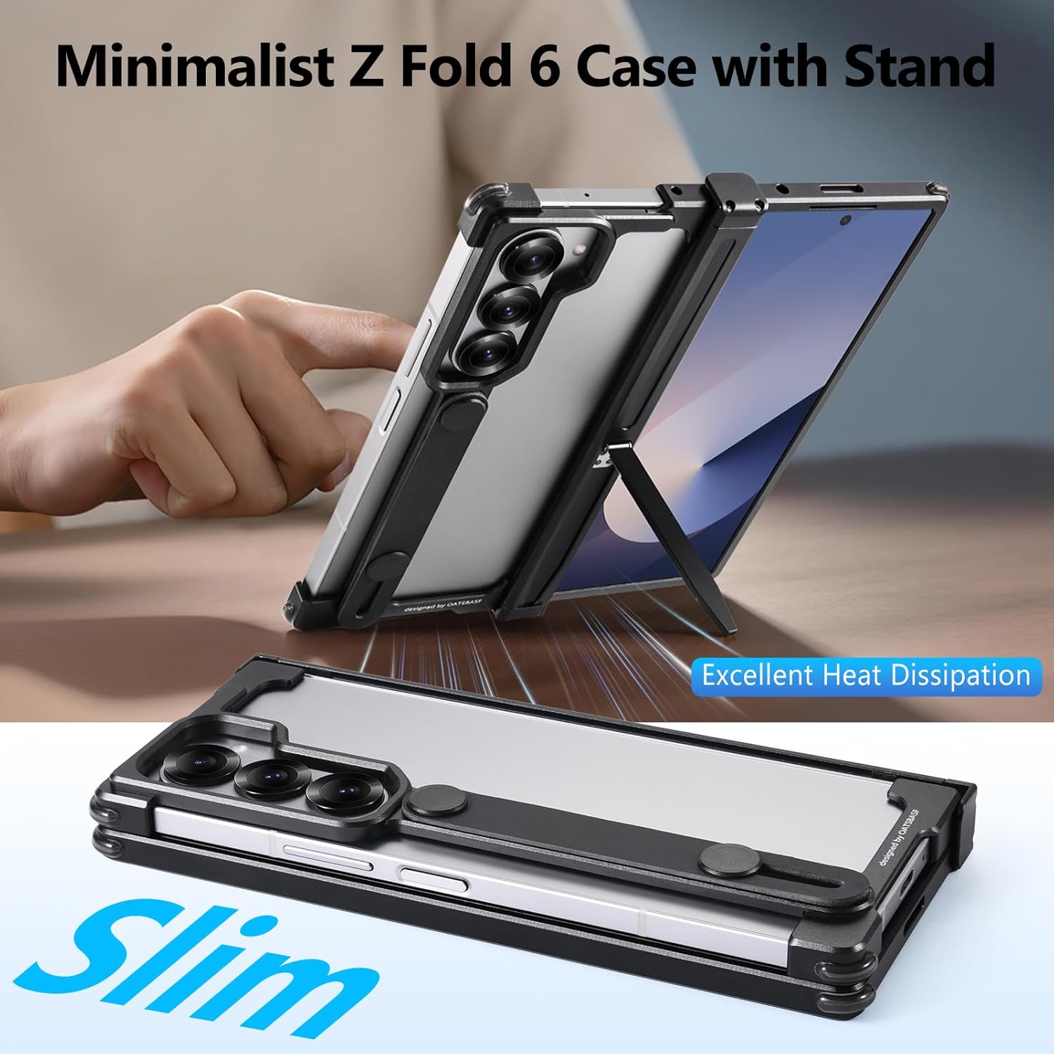 for Samsung Galaxy Z Fold 6 Case with Strap & Kickstand, No Back Z Fold 6 Metal Case with Wristband, Slim Bumper Phone Cover for Galaxy Z Fold6 with Screen Protector & Hinge Protector, Black
