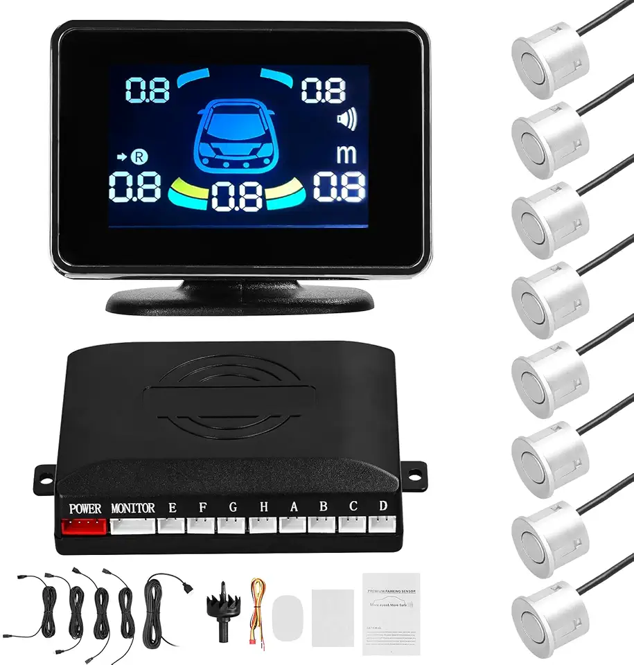 Sensor de Estacionamento Carro Radares Ré Dianteiro e Traseiro com 8 Sensores Detecção Distância Display LCD Alerta Sonoro Buzzer Mudo Volumes Ajustáveis Múltiplos Modos Alarme Preciso Confiável Fácil