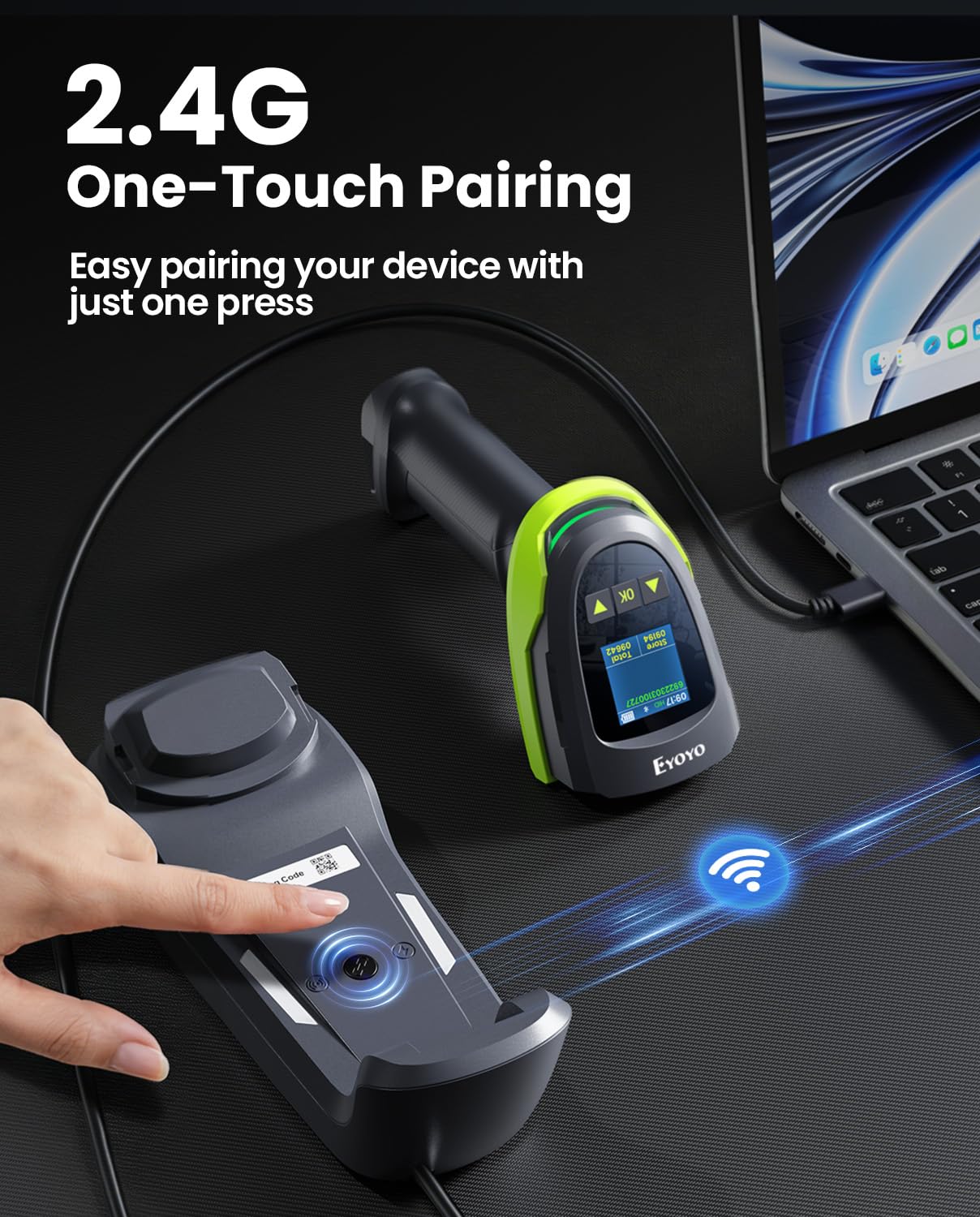 Eyoyo Escáner de Códigos de Barras 1D 2D QR con Pantalla y Base Triple Conexión Bluetooth Inalámbrico 2.4G y Cableado Compatible con iOS Android Windows
