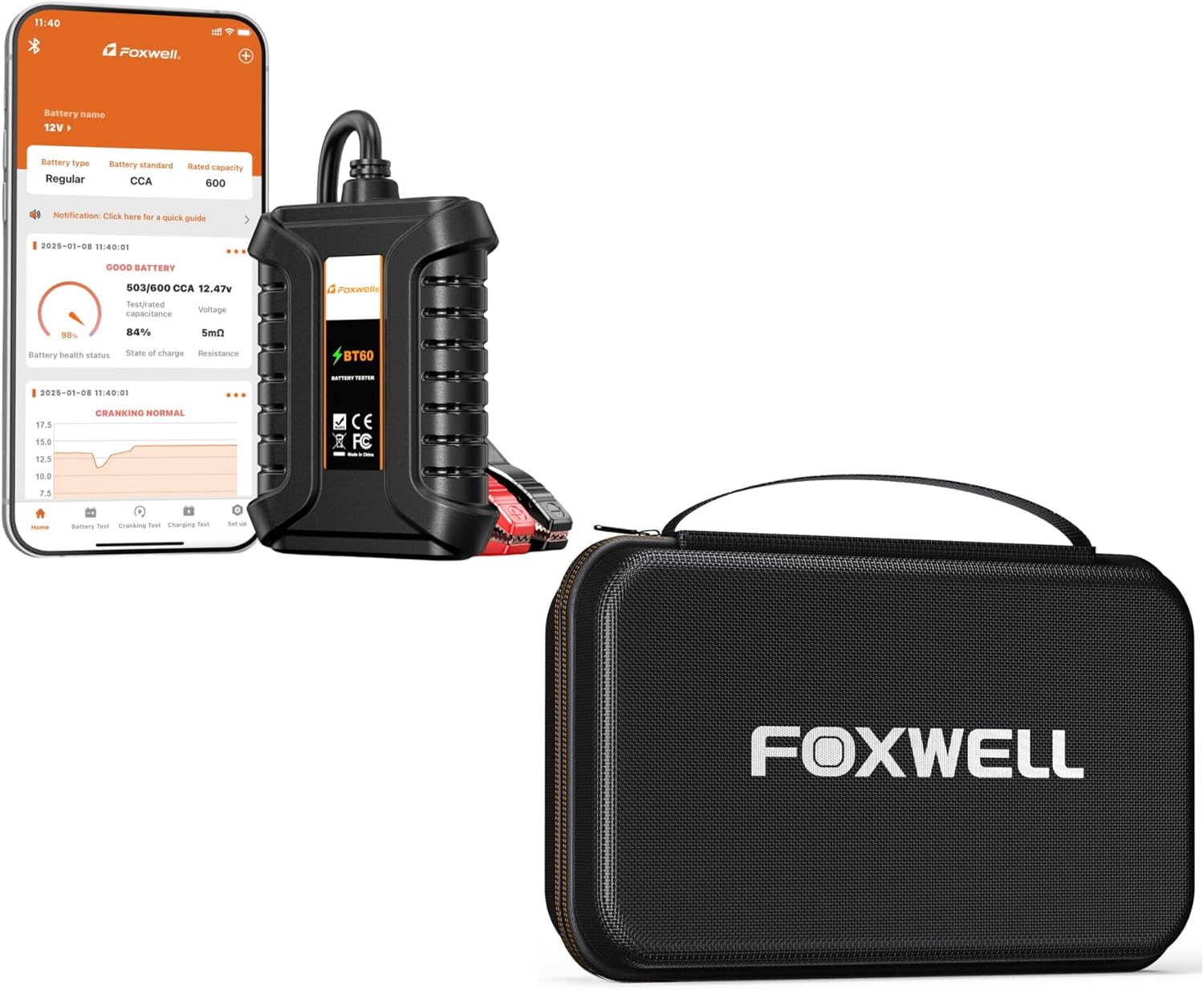 FOXWELL BT60 Car Battery Tester, 12V Bluetooth Battery Load Tester with Case