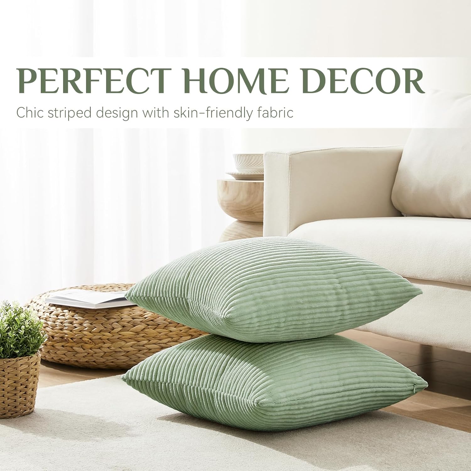 Softalker Throw Pillow Covers 22x22, Set of 2 Decorative Soft Corduroy Striped Boho Spring Pillow Cover, Outdoor Modern Cushion Covers for Farmhouse Home Decor Couch Garden Bed Living Room, Sage Green