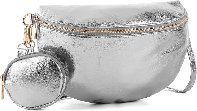 Crossbody Bags for Women Fashion Sling Purse Shoulder Bag Fanny Pack Leather Causal Chest Bum Bag Cross Body Purse Silver