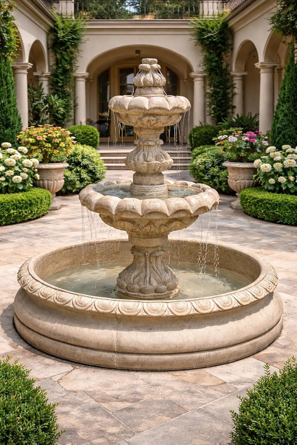 Solid Rock Stoneworks 2 Tier Ribbed Basin Fountain - 52" Tall - Desert Sand Brown