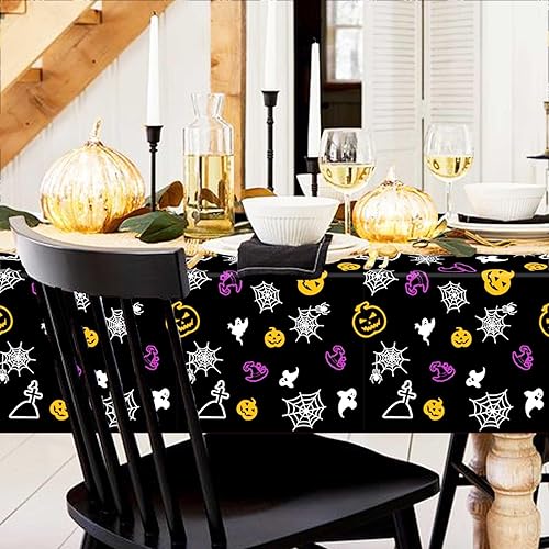 Miniatura 2 de Mantel de plástico de Halloween, funda desechable de tela de araña para decoración de mesa de casa encantada, mantel rectangular negro de Halloween,