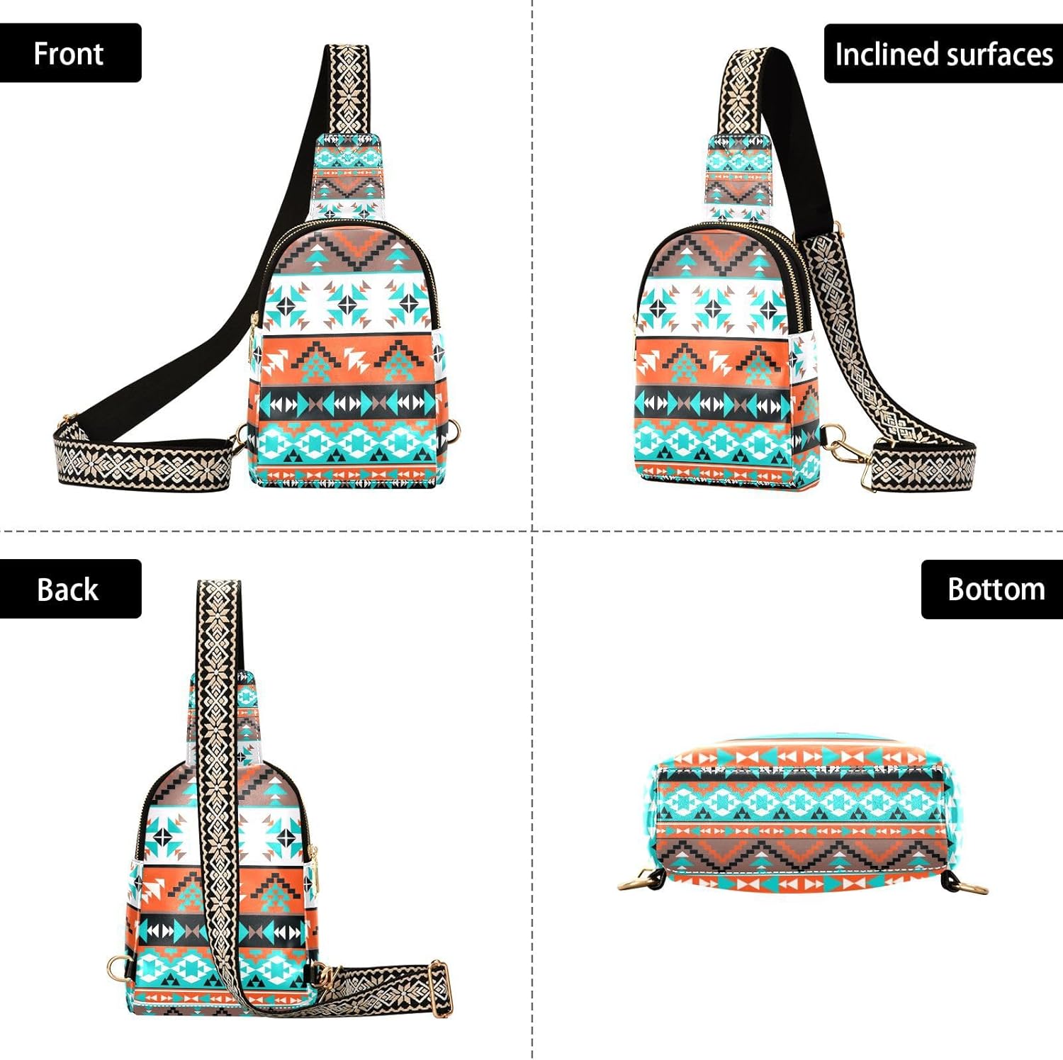 ZAZYXTJ Western Aztec Crossbody Sling Bag for Women Leather Small Chest Bag Adjustable Straps Daypack for Travel Sport Hiking