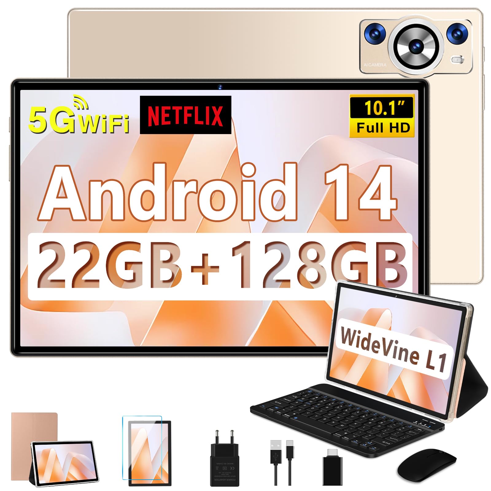 2025 Newest Tablet Android 14 10.1 Pollici 22GB RAM+128GB ROM(TF 1TB), Octa Core 2.0 GHz/5G WiFi/8000mAh/Corpo Metallico/BT5.0/5MP+8MP/FHD/Face ID/Widgets/GPS Tablet con Tastiera e Mouse - Oro
