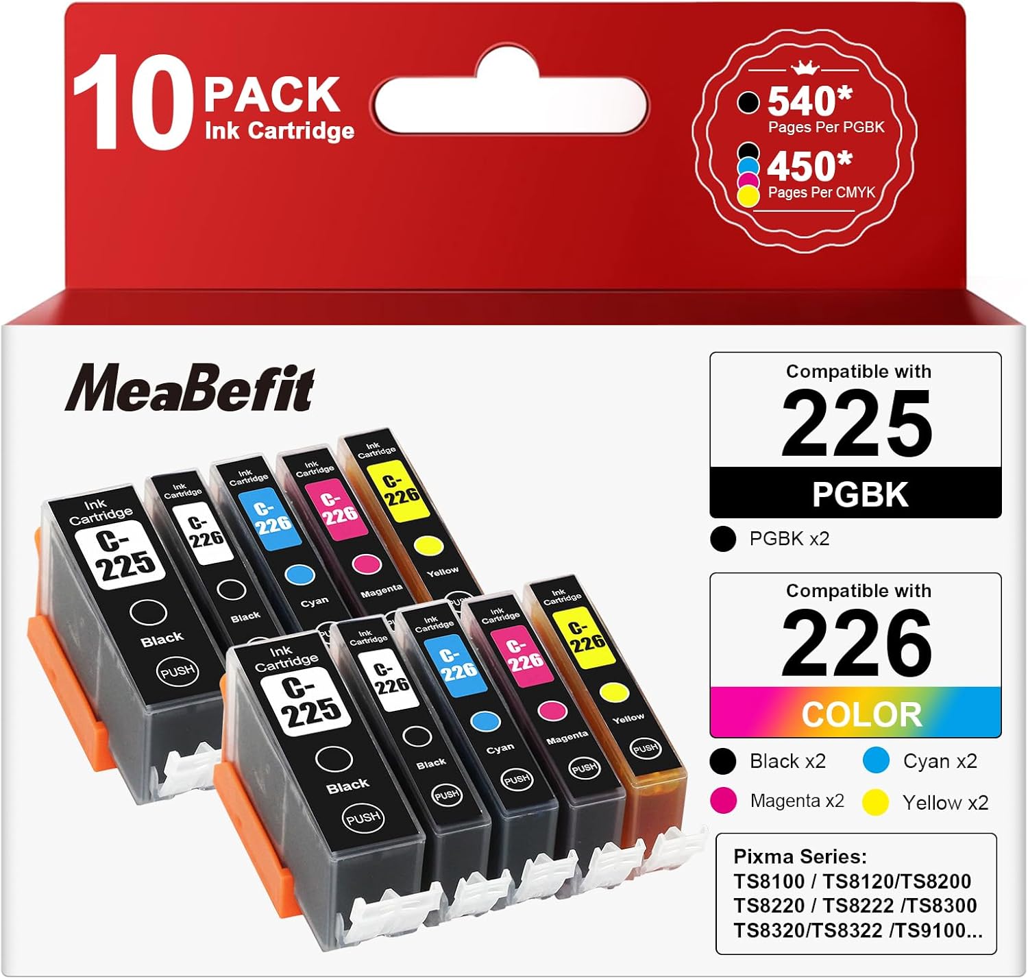 225 226 Ink Cartridges PGI-225 CLI-226 for Canon Printer 225 226 Ink Cartridges Compatible with Canon PIXMA MG5220 MG5320 MX882 MG6120 Printer (2PGBK,2Black,2Cyan,2Magenta,2Yellow, 10-Pack)