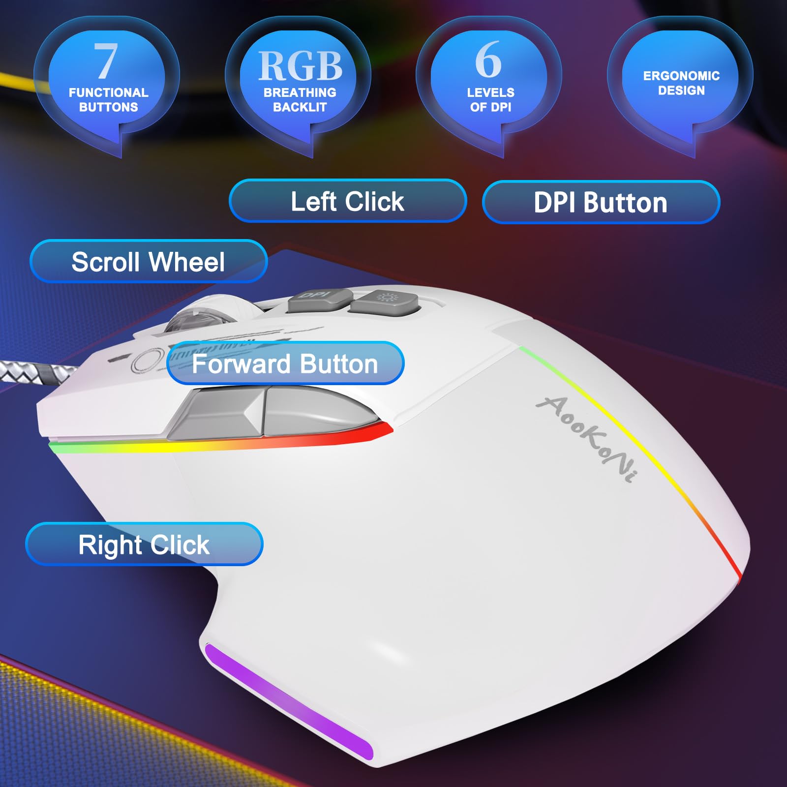 Mysz do gier, przewodowa mysz do gier z podświetleniem RGB, regulowana 7200 DPI, mysz do gier komputerowych z 7 ruchomymi przyciskami makro, ergonomiczna mysz dla graczy na PC, komputer