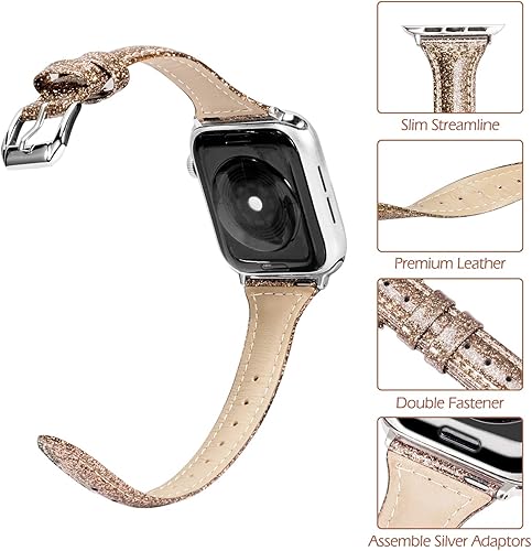 Miniatura 6 de Wearlizer - Correa de repuesto de piel fina con purpurina compatible con correas de Apple Watch de 1.496in, 1.575in, 1.654in, 1.732in, para mujer,