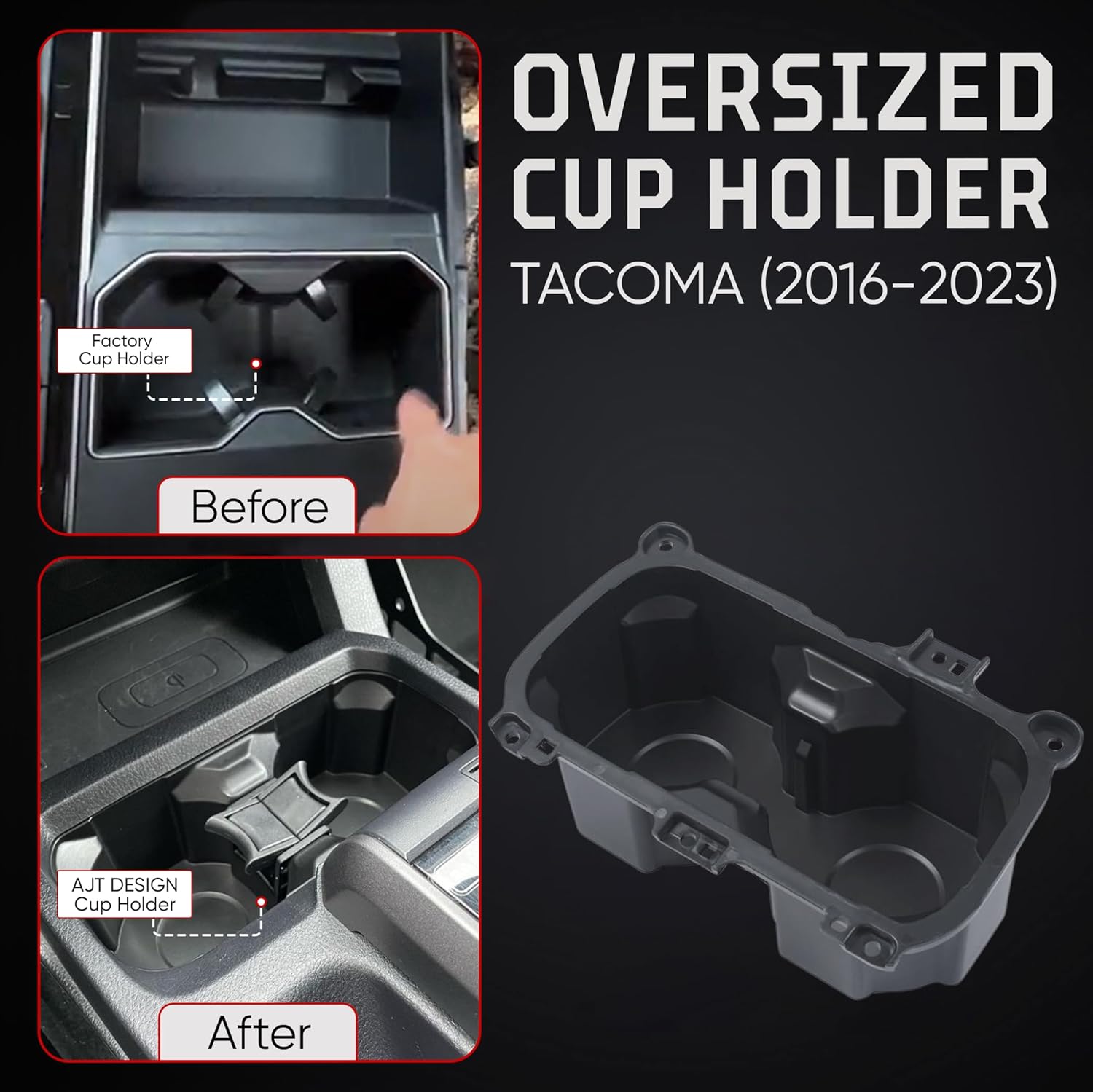 AJT DESIGN Oversized Cup Holder for Toyota Tacoma (2016-2023) | ABS Plastic Oversized Cup Holder Replacement for Tacoma - Black | Vessel Diameter of 3.65"| Made in USA