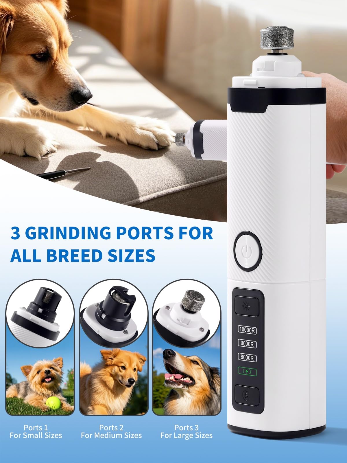 Molinillo de uñas para perros, cortador eléctrico de uñas de 3 velocidades con luces LED, molinillo de uñas recargable para perros pequeños, medianos y grandes (blanco)