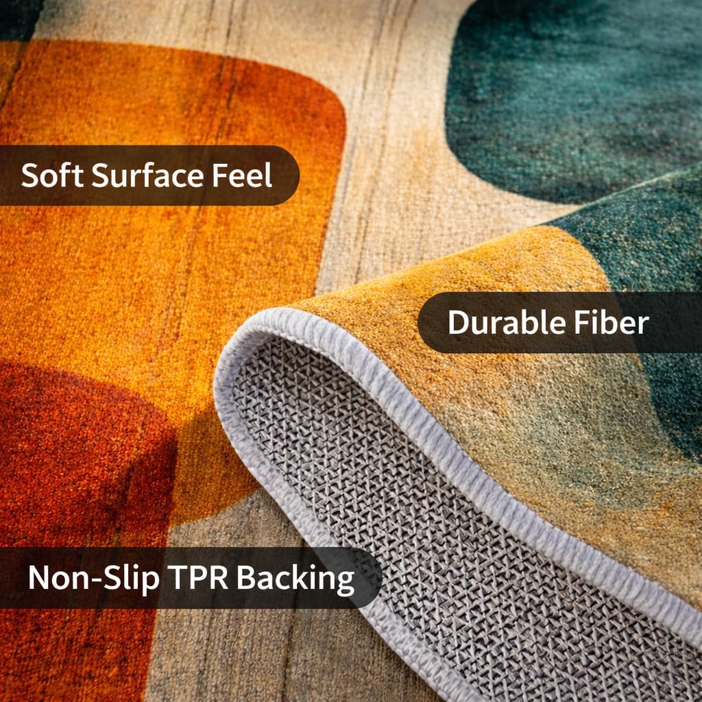 Mid Century Geometric Area Rug 8x12 ft, Retro Color Block Abstract Statement Rug, Low Pile Non-Slip Washable Indoor Rug for Living Room Bedroom