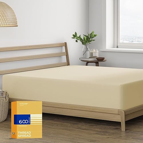 Miniatura 10 de Thread Spread Sábana bajera ajustable 100% algodón tamaño Queen – Sábana bajera de algodón de 600 hilos tamaño Queen, lujosamente suave, duradera