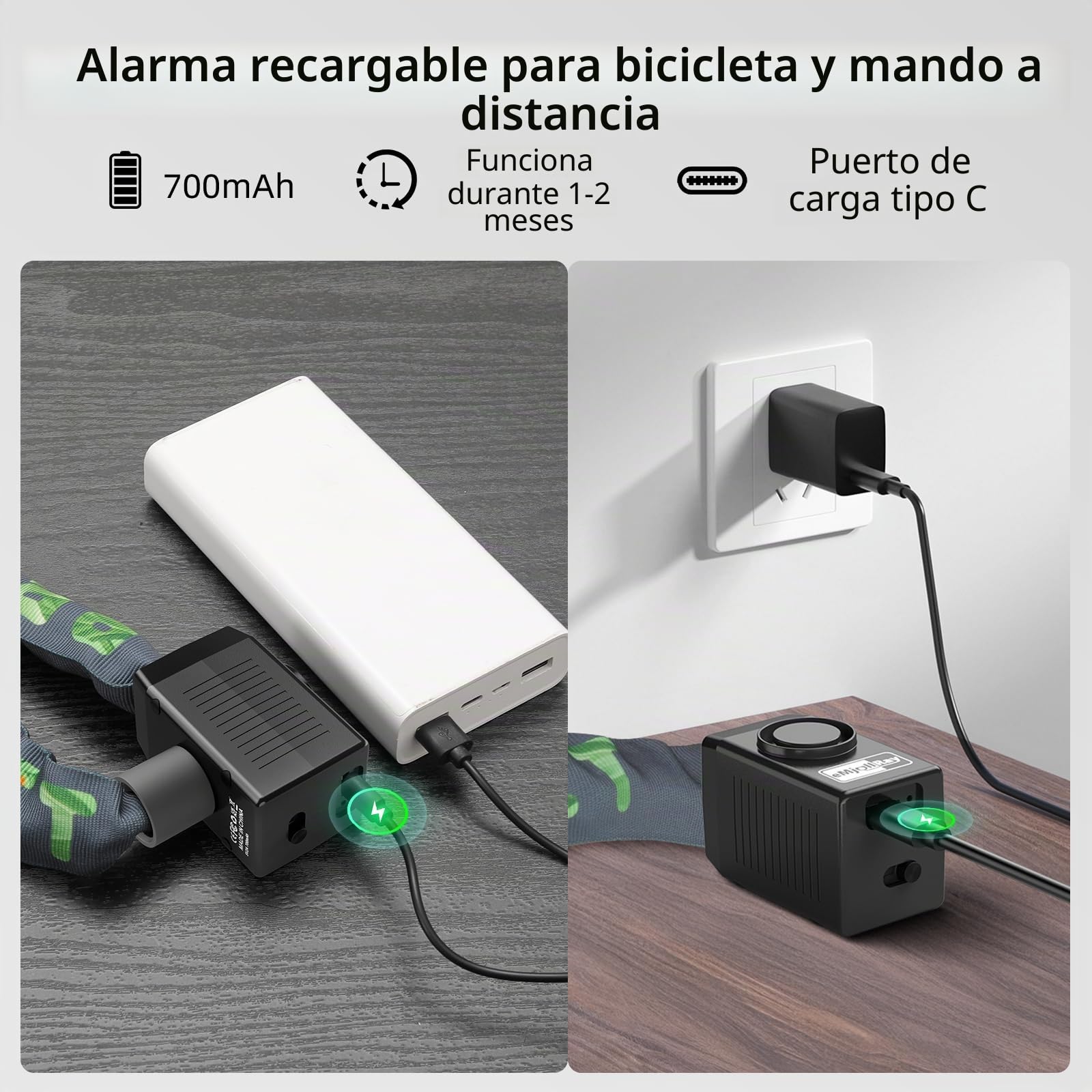 Candado de Bicicleta de 120cm con Alarma de 110dB, Candado de Cadena Antirrobo para Bicicleta Eléctrica, 8mm de Grosor, 2 Mandos a Distancia, 3 Llaves, Cable USB C