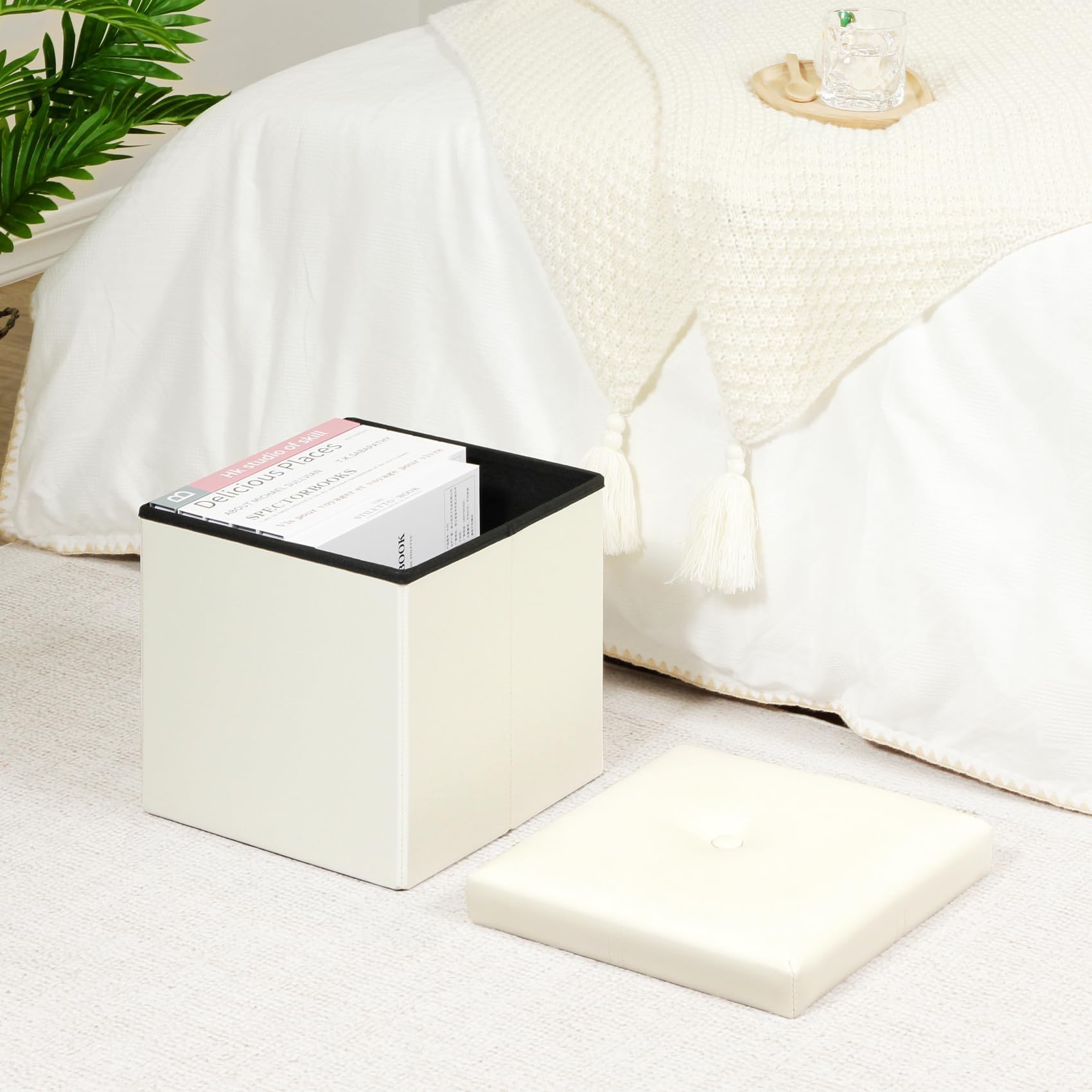 Bonlife Pouf Contenitore Poggiapiedi Sgabello Basso Cubo Portaoggetti Pouf Ecopelle Salotto Camera da Letto Tavolino da Salotto Bianco 30x30x30cm