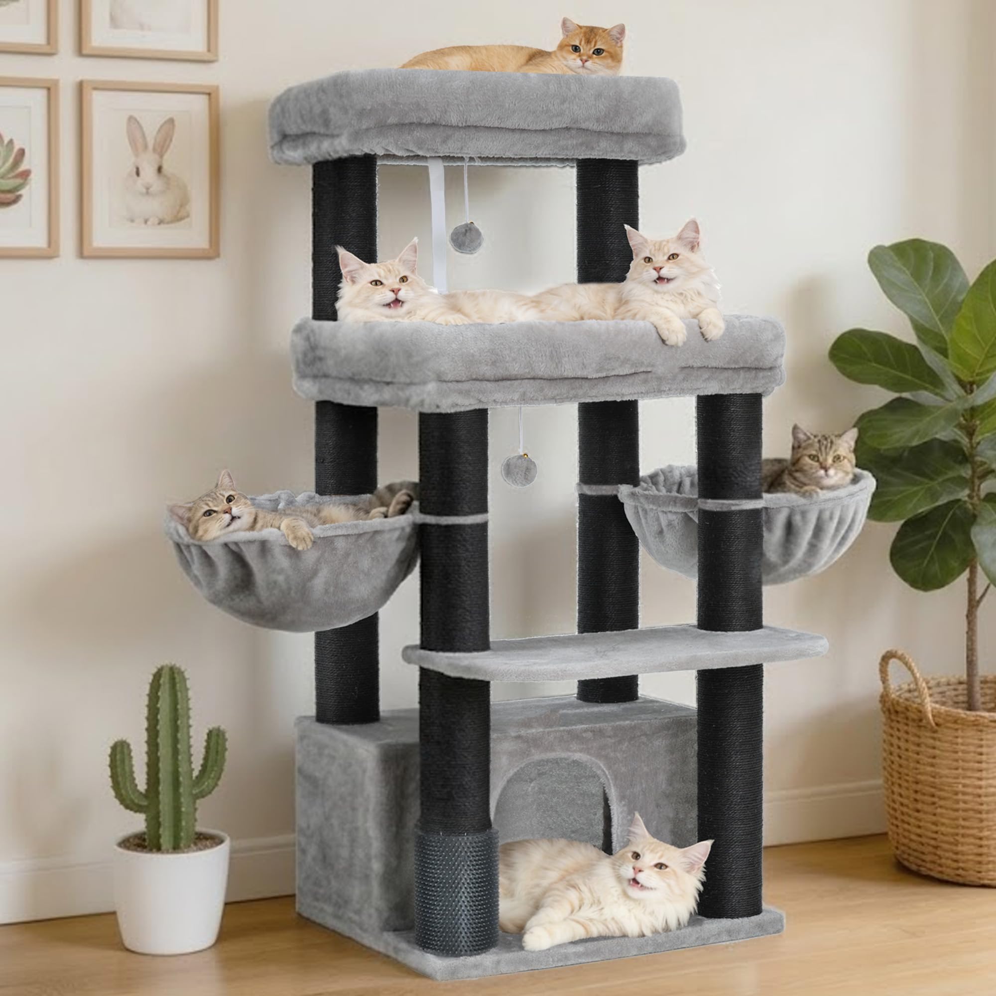 Hey-brother Kratzbaum, Stabil Katzenbaum für große Katzen und Maine Coons, mit 8 cm dicken Sisal-Kratzpfosten, Zwei Plattformen, Zwei Körben, großer Höhle und Fellpflegegerät, Hellgrau EMPJ02W