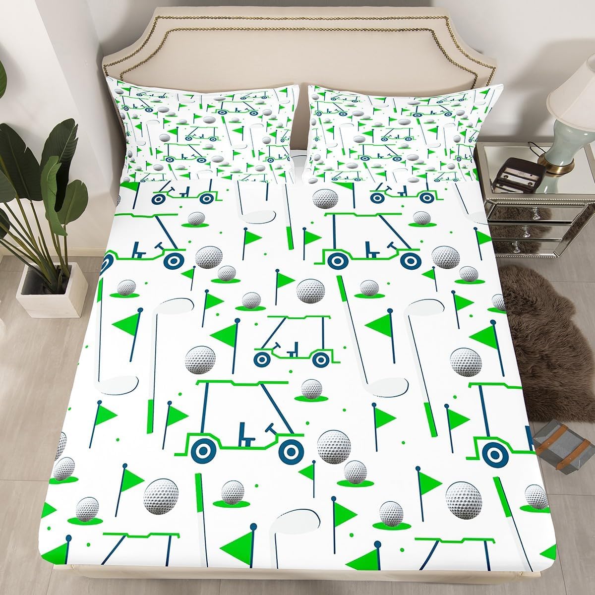 Feelyou Kids Golf Fitted Sheet Twin Size Golf Ball Golf Club Bed Sheets Set for Boys Girls Teens Golf Lover Sports Hobby Sheet Set with Deep Pocket Bed Set Green White Bedroom Decor 2Pcs