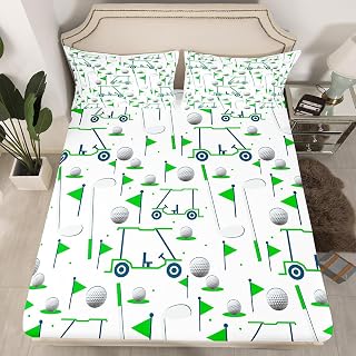 Feelyou Kids Golf Bed Sheet Set Full Size Golf Ball Golf Club Sheets for Boys Girls Teens Golf Lover Sports Hobby Bed Sheets with Deep Pocket Fitted Sheet Bed Set Green White Bedroom Decor 4Pcs