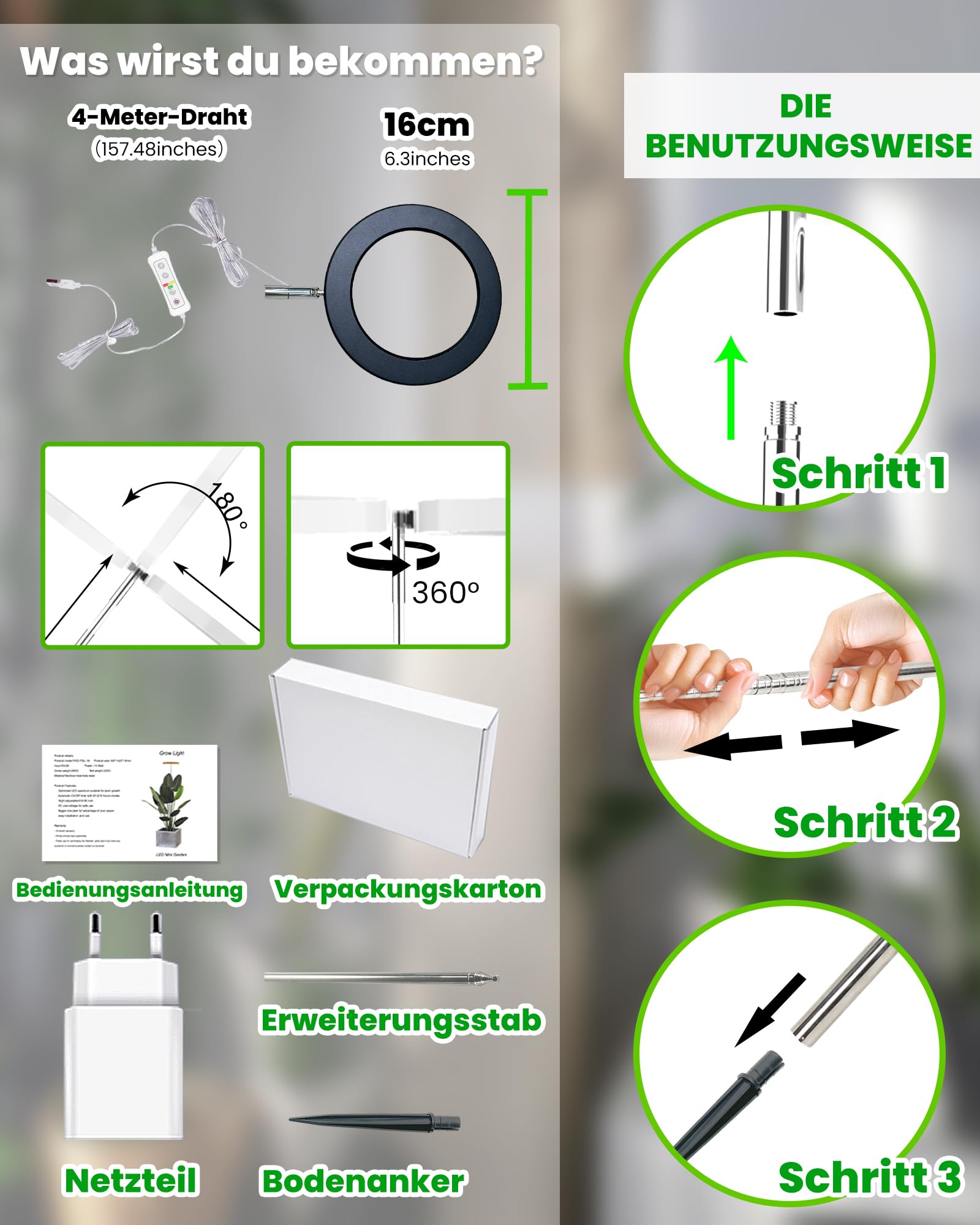Wachstumslampe für Zimmerpflanzen LED Grow Light Full Spectrum,35~155cm Wachstumslampe höhenverstellbar,8/12/16Stunden Timer,10 Helligkeitsstufen,4 Meter Stromkabel,5V Adapter,Schwarz,2PCS