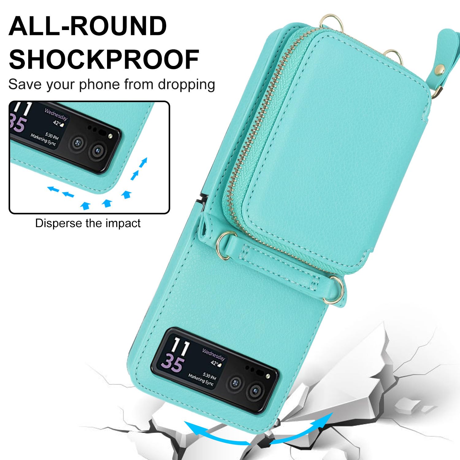 Etui crossbody do telefonu Samsung Galaxy Z Flip 6, skórzane etui z przegródkami na karty z blokadą RFID, z klapką i zamkiem błyskawicznym, portfel, etui na telefon, smukłe, zielone