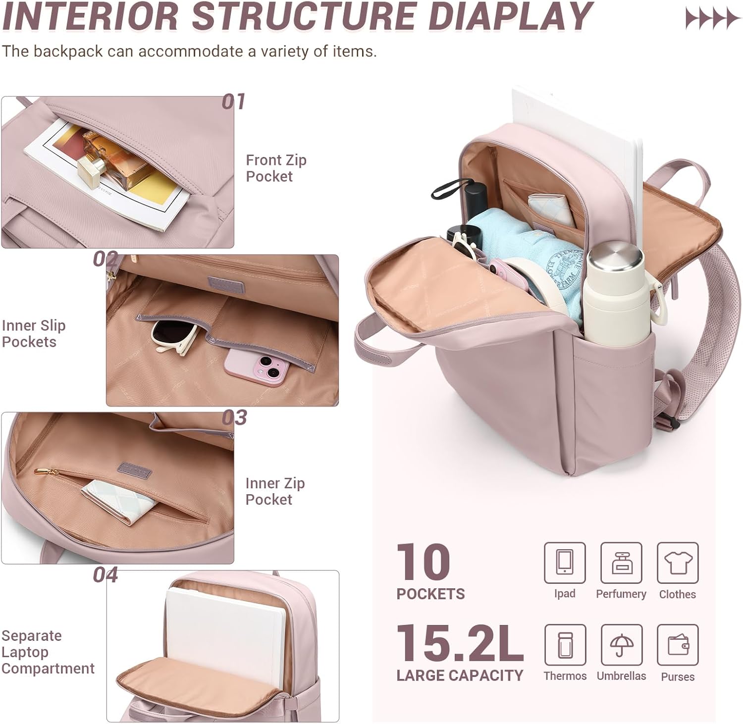 GOLF SUPAGS Women Laptop Backpack Fits 15.6 Inch Notebook Casual Daypack Everyday Bag for Work Travel College Backpack Book Bags (Pinkish Grey) - Image 4