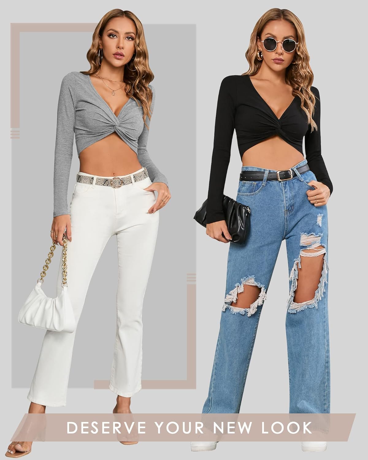 CLOZOZ Long Sleeve Twist Front Crop Top Ribbed V Neck Sexy Going Out Shirt for Women Jet Black - Image 5