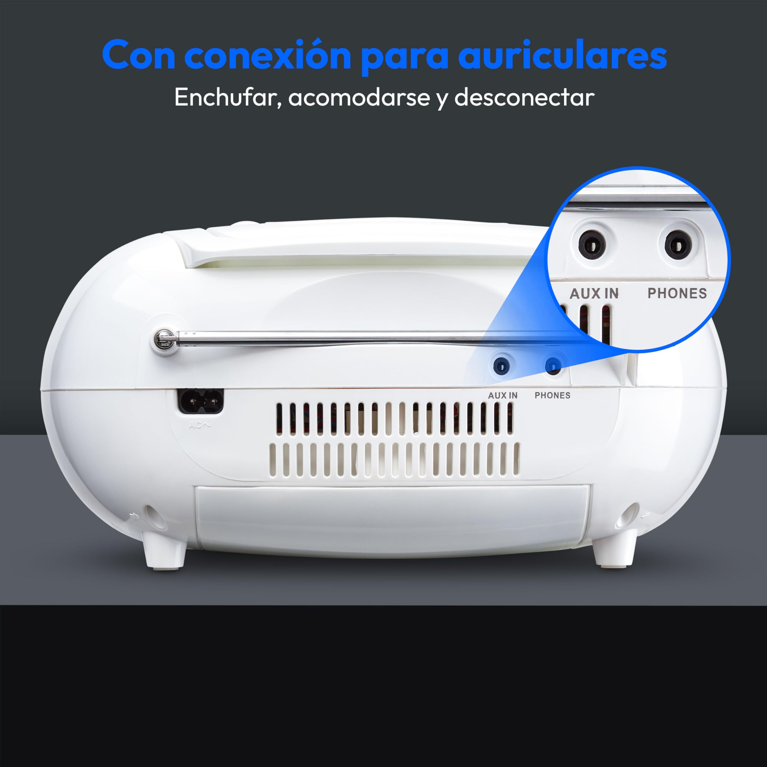 MEDION E66476 Sistema de Sonido estéreo (Boombox, Reproductor de CD, MP3, Cassette, Reproductor de Cassettes portátil para niños, Radio FM, AUX, Auriculares, Red y batería) Blanco