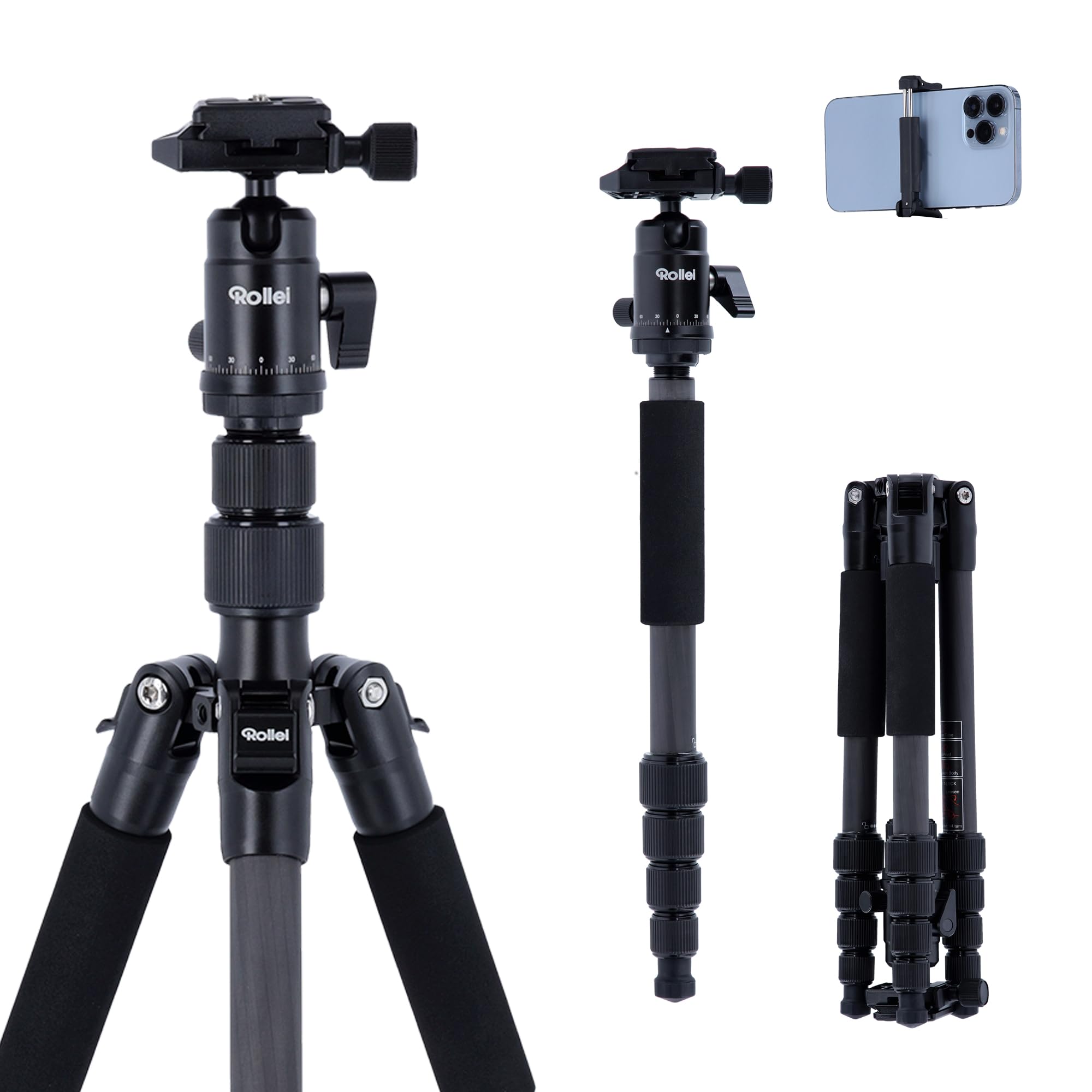RolleiCompact Traveler No. 1 Carbon - Ultra-Lightweight Travel Tripod (2,16 lb incl. Ball Head) - Folded Length: 12,99" - Arca Swiss Compatible - Monopod Function - Carbon - Black