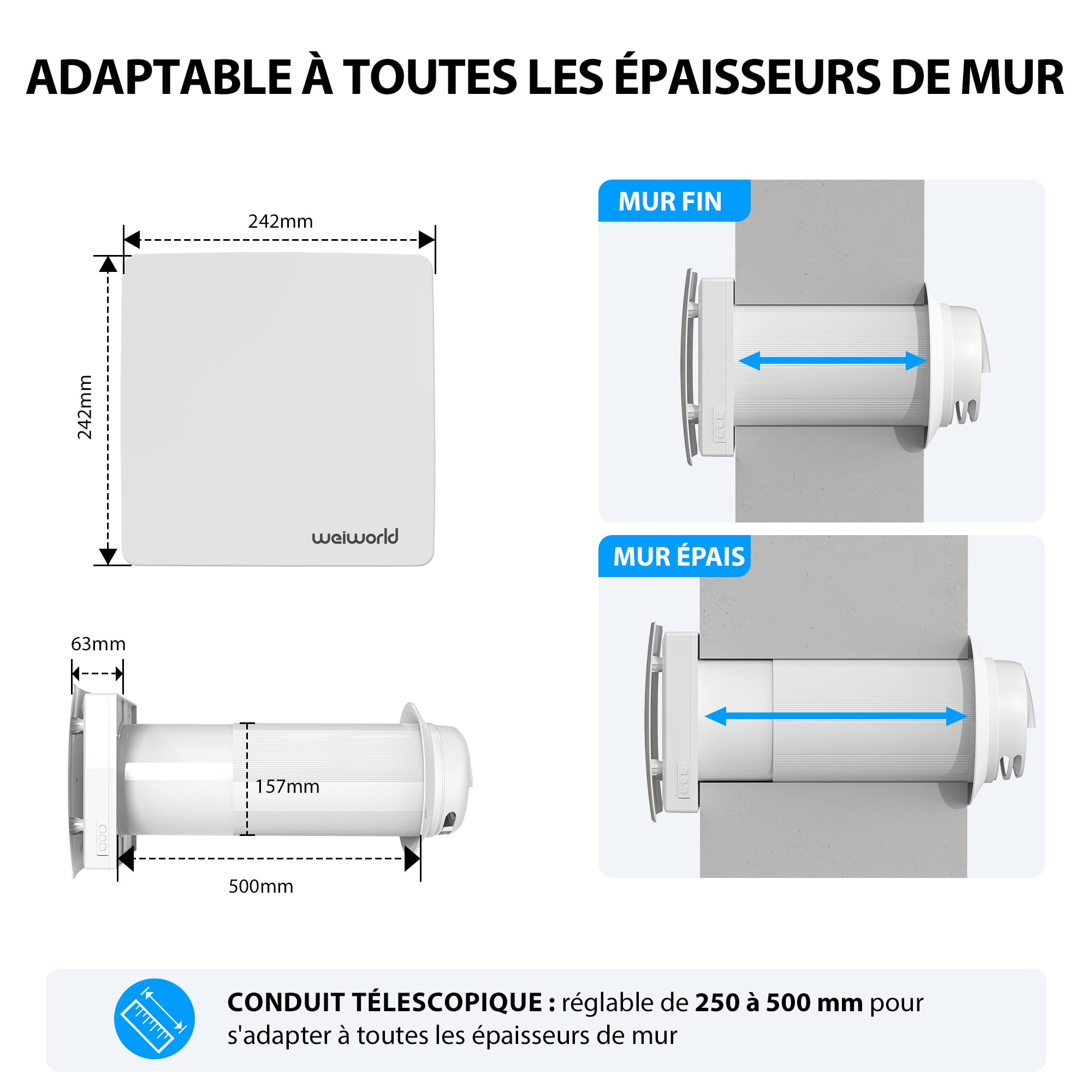 VMC Décentralisée 150 mm avec Récupération de Chaleur Céramique, VMC Double Flux Murale pour Pièce Individuelle, WiFi & Télécommande, Moteur EC Silencieux, Cycle Automatique 65 s