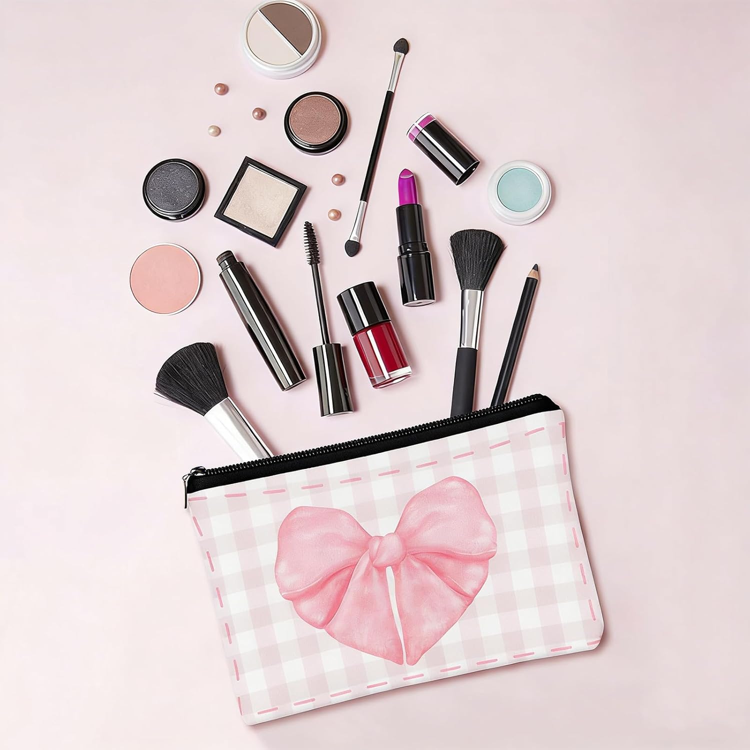 10 Pcs Pink Bow Makeup Bag Coquette Pink Bow Cosmetic Bag for Women Bow Themed Travel Zipper Pouch Coquette Party Favor for Birthday Christmas Graduation - Image 5