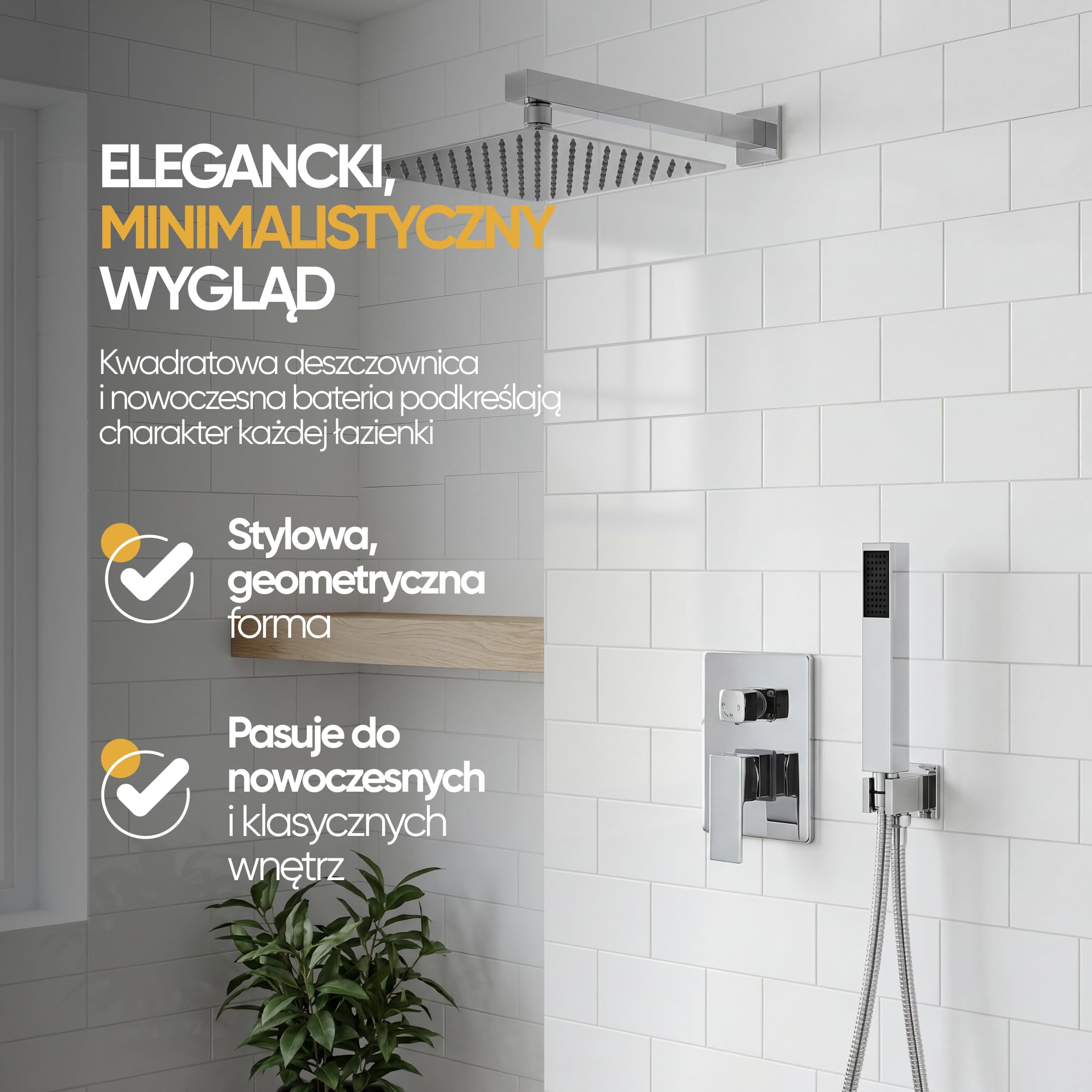 Granitan LUNA Drążek prysznicowy system prysznicowy: Deszczownica 25 cm, głowica prysznicowa z wężem i baterią mieszającą - nowoczesny zestaw prysznicowy - chrom - prostokątny