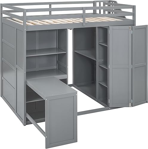 Miniatura 23 de Cama alta funcional tamaño individual con 2 cajones y 2 armarios, base de cama de madera maciza con barandilla de seguridad y escalera de