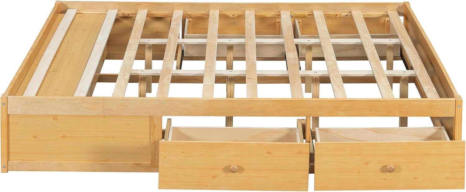 Harper & Bright Designs Queen Size Bed Frame with Drawers and Hydraulic Lift Footboard Storage, Solid Wood Platform Bed for Kids Teens Adults, No Headboard, Space Saving, Antique Natural