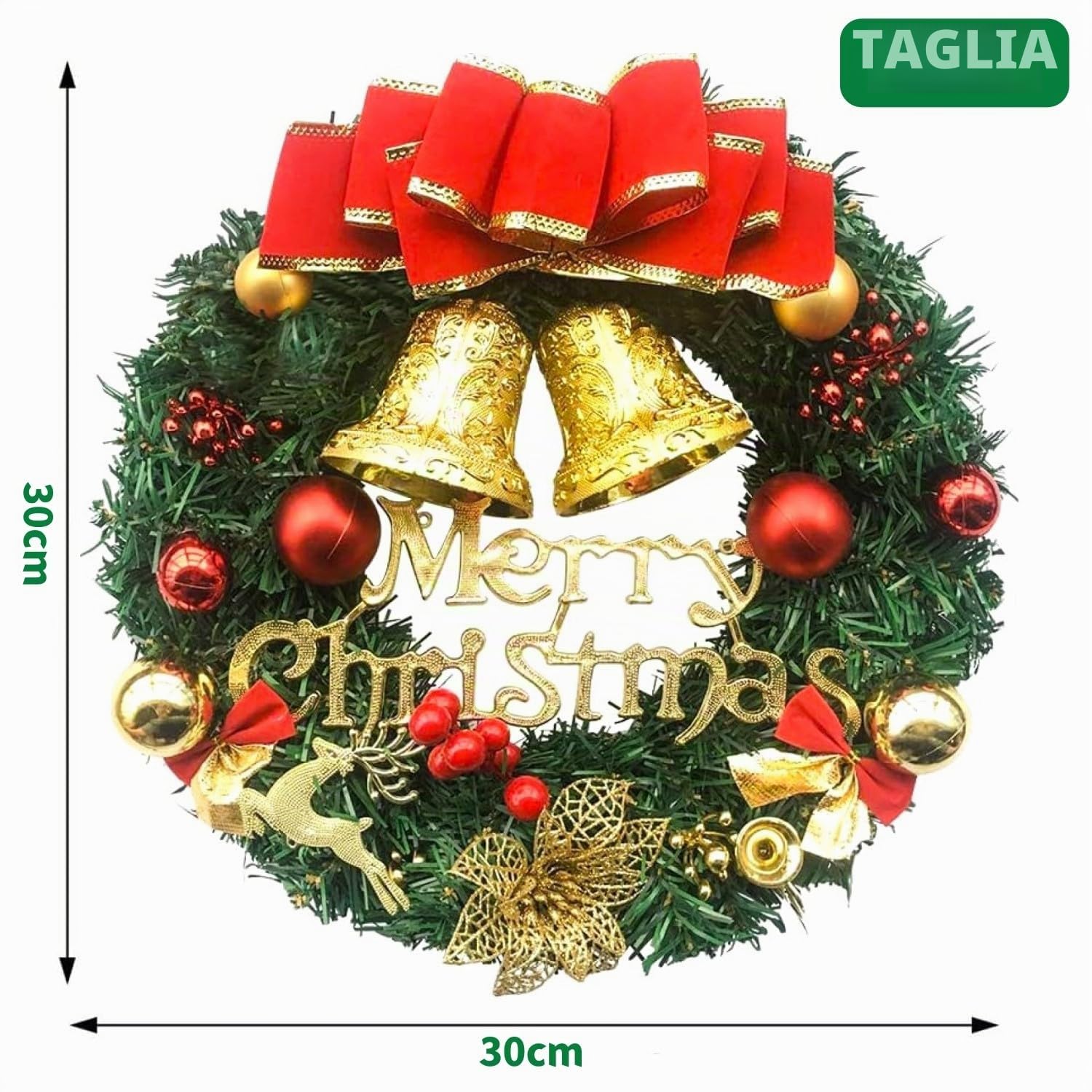 LATERN 30CM Ghirlanda di Natale, Ghirlanda di Pino di Natale Artificiale con Fiocco Campana Cervo Bacche Rosse Fiore per Natale Porta Parete Camino Finestra Albero di Natale Decorazione