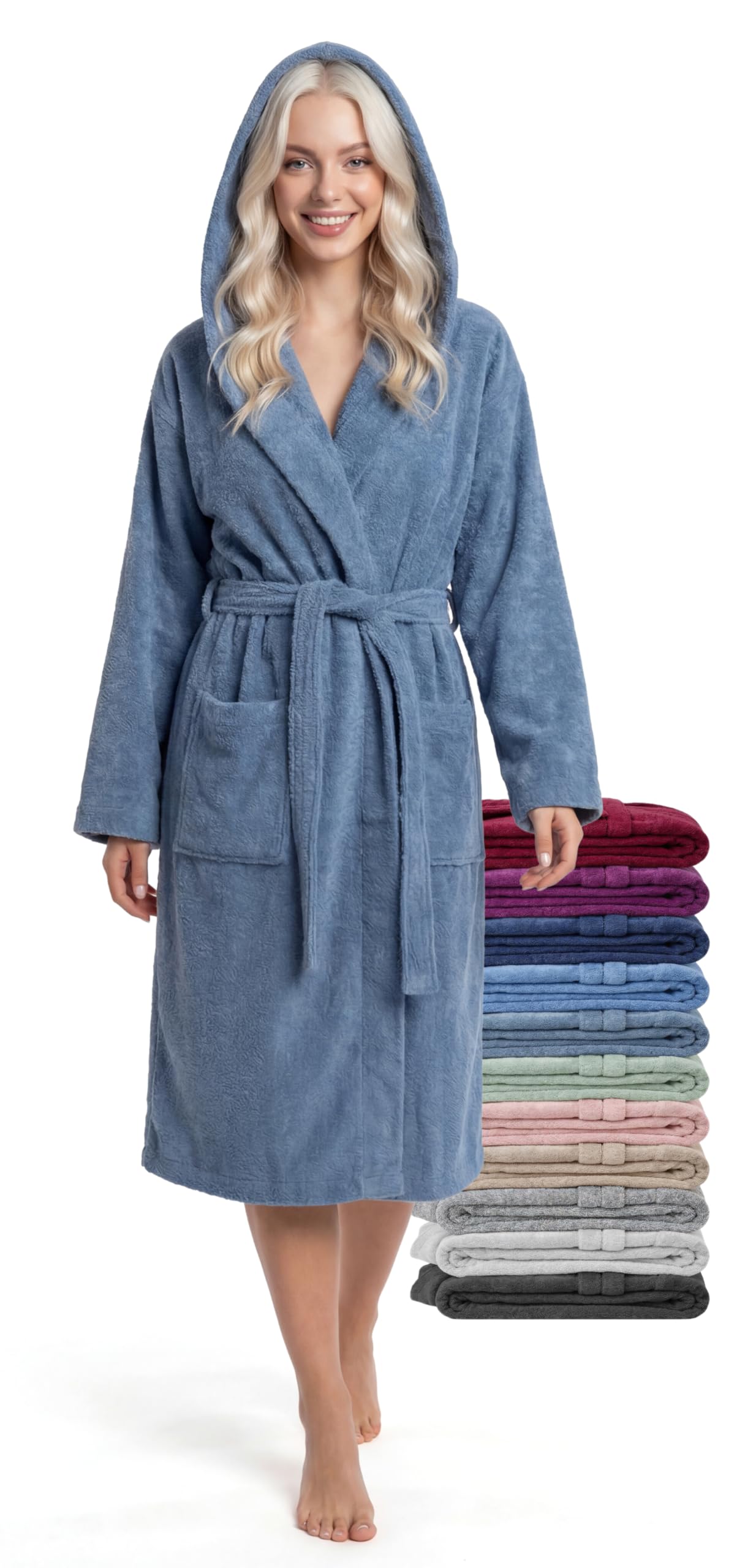 Albornoz Mujer Largo Medio con Capucha – 100% Algodón Rizo 380 g/m² – Bata de Baño, Spa y Casa, Largo hasta la Pantorrilla, Suave, Absorbente, Tallas S–XXL