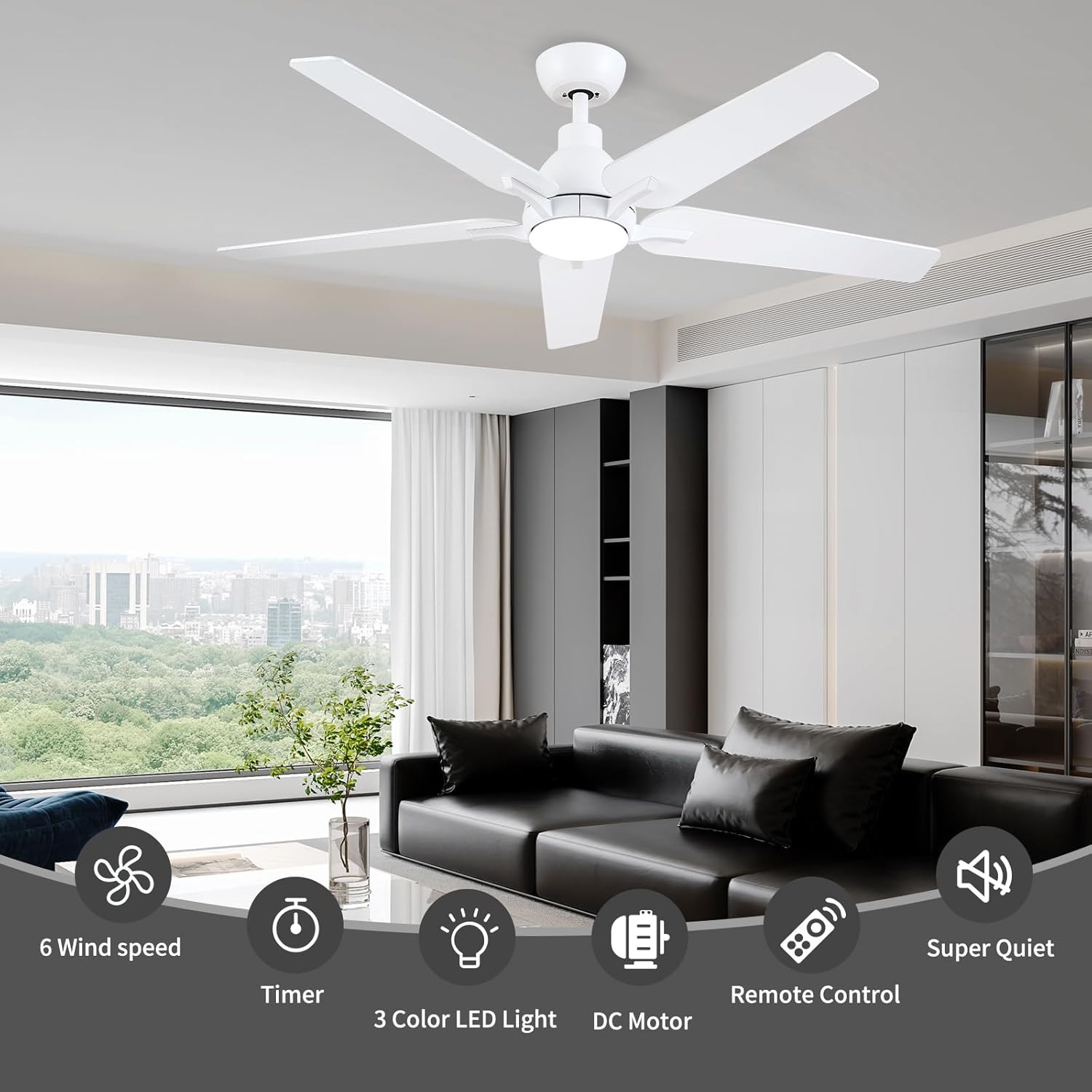 52 Inch Ceiling Fans with Lights: White Ceiling Fan 5 Blades Ceiling Fan with Light and Remote for Bedroom Living Room Dining Room Patio - Dimmable 6 Speeds Reversible Quiet DC Motor