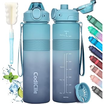 CodiCile Water Bottle BPA-Free 1 Litre Sports Water Bottle Leak-Proof Large Water Bottle 1 Litre Ideal for Gym School Office and Travel Light Dark