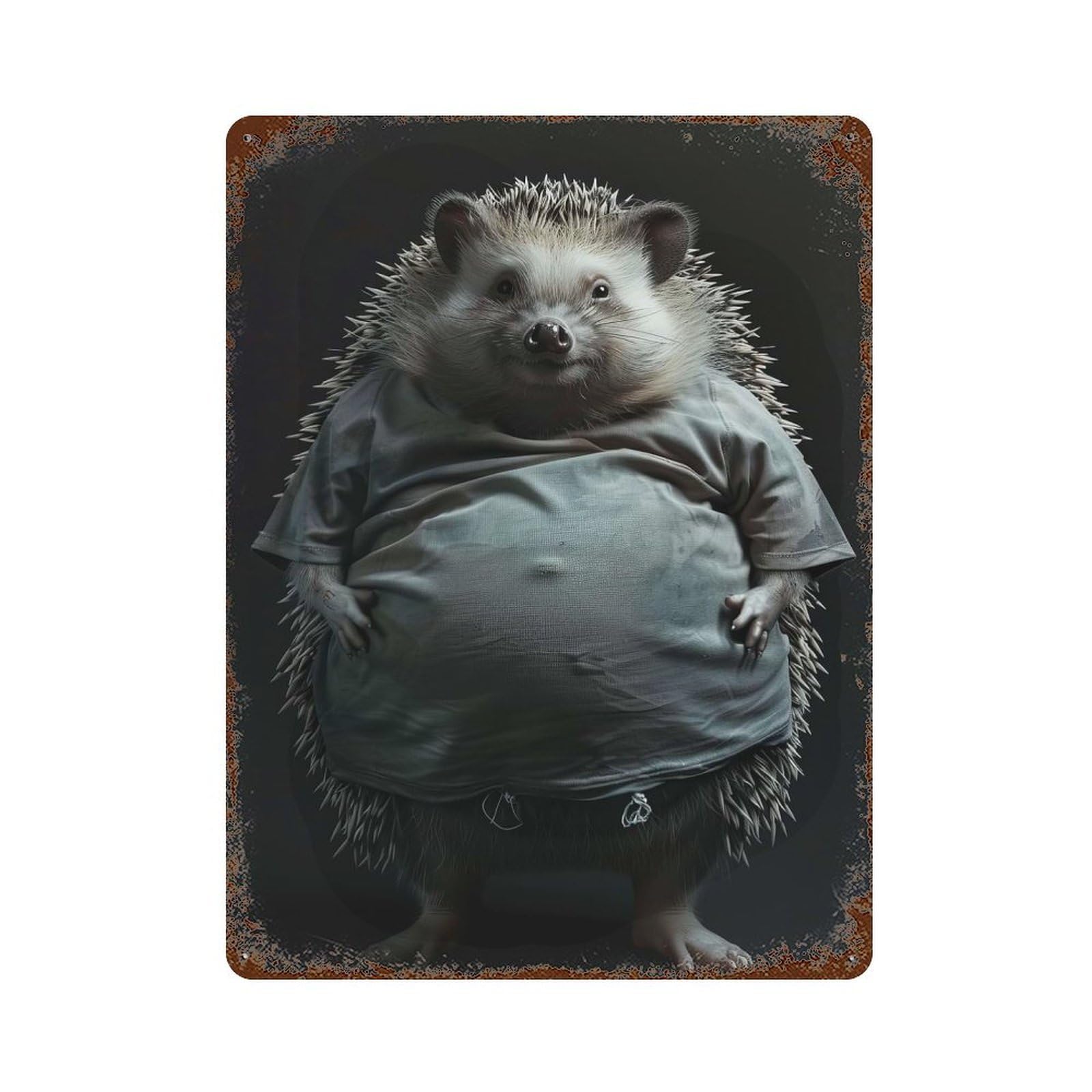 Rust Effect Tin Sign Hedgehog Fat 15.7"x11.8", Vintage Wall Decor for Living Room, Hallway And Home Decor