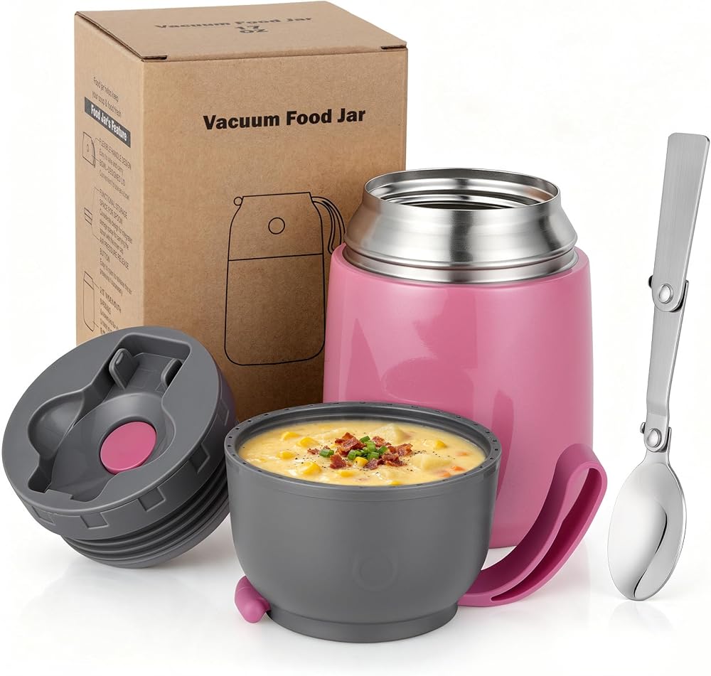 Tarro de comida aislado para alimentos fríos y calientes para niños adultos, recipientes térmicos para sopa de 17 oz para almuerzo, tarro de comida de acero inoxidable con aislamiento de triple capa con cuchara (rosa)