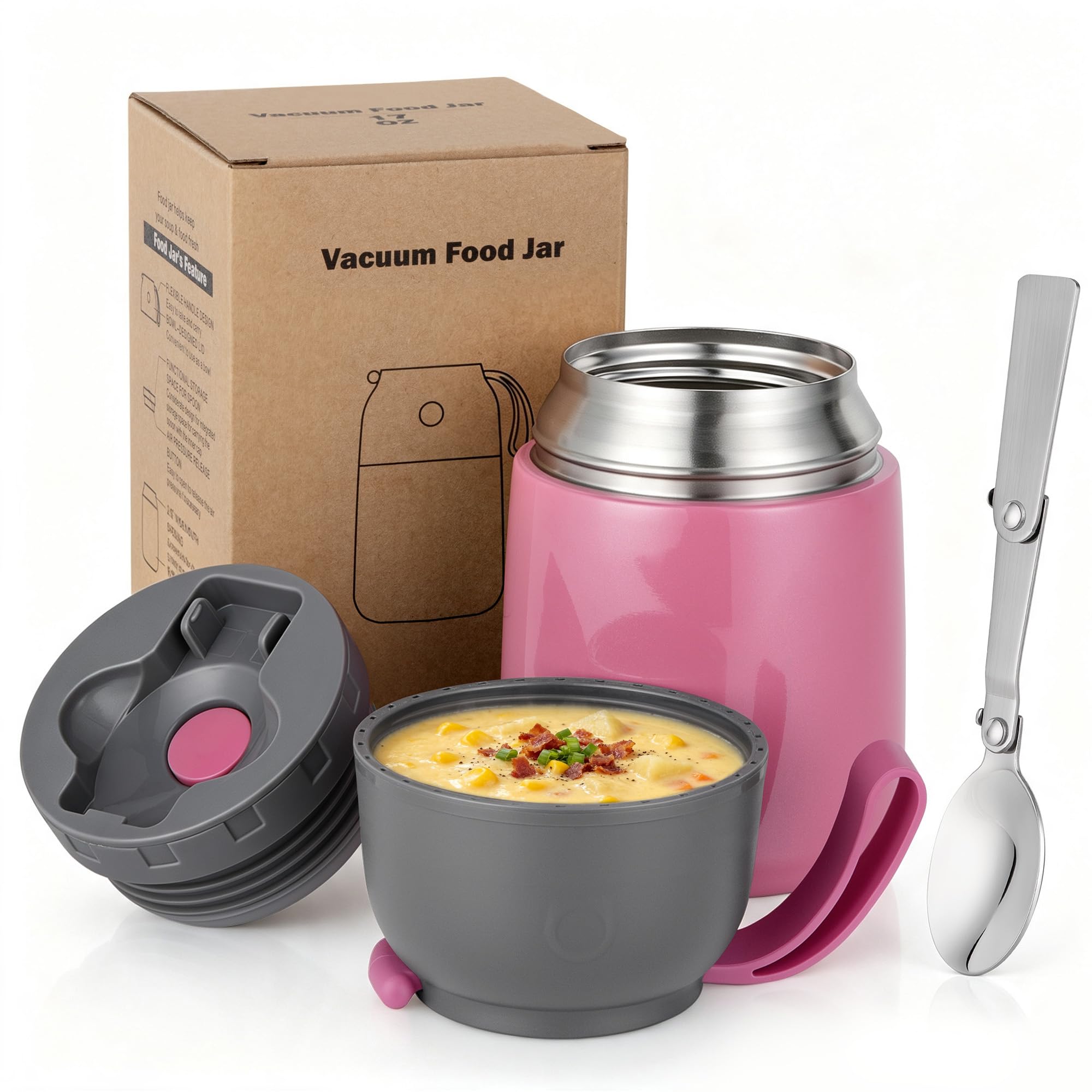 Insulated Food Jar for Hot &amp; Cold Food for Kids Adult,17 oz Soup Thermo Hot Food Containers for Lunch, Triple Layer Insulation Stainless Steel Food Jar with Spoon (Pink)