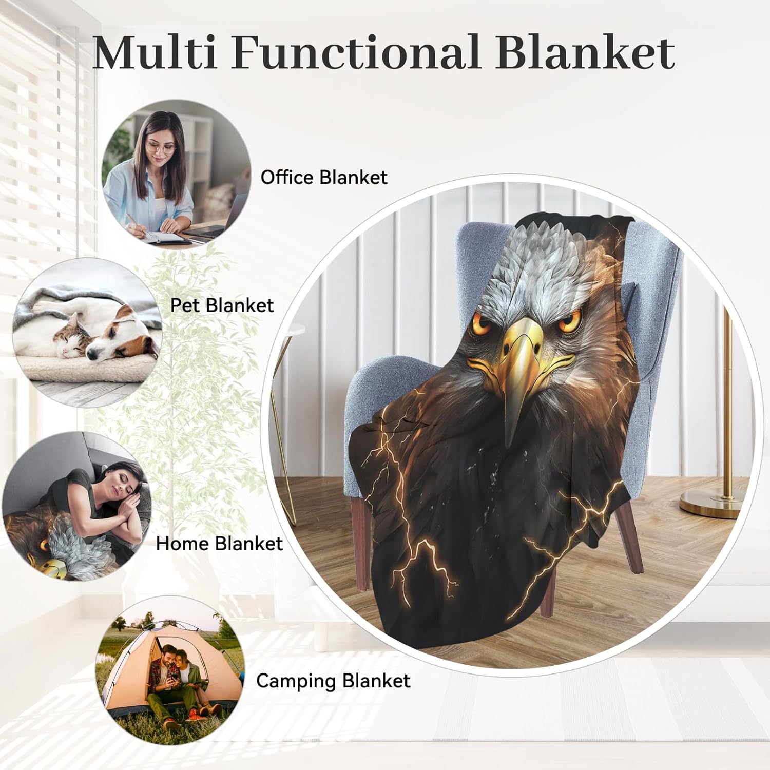 Huke Eagle Gifts Blanket, Cool Black Gold Lightning Eagle Throw Blanket, 80"X60"