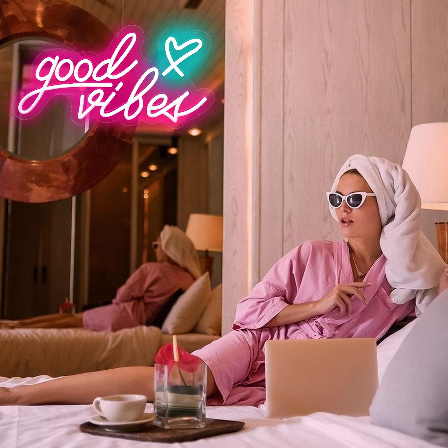 Mothers Day Gifts: Good vibes Neon Sign for Wall -15.7''x 8'' Dimmable Good Vibes LED Light Signs for Bedroom - USB Power Pink Hanging Lighted Up Neon Lights for Room, Office, Party, Salon Decor