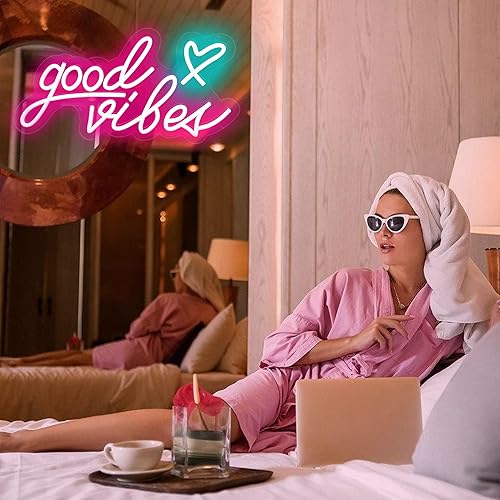 Miniatura 7 de Good Vibes - Letrero de neón rosa con corazón, luces LED rosas de 15.7 x 8 pulgadas, funciona con USB, letrero LED Good Vibes para dormitorio,