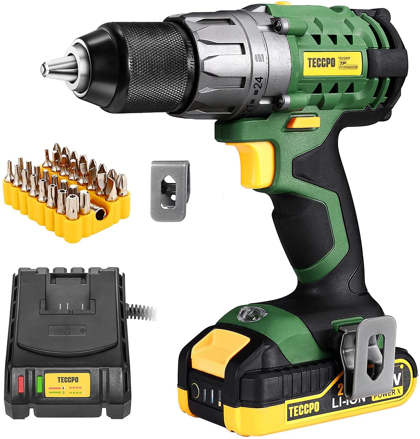 Brushless Drill Driver 20V MAX, TECCPO Professional 60Nm Cordless Drill with 2 Batteries 2.0Ah, 30mins Fast Charger, 21+3 Torque Setting, LED Light, 29pcs Accessories - TDHD02P