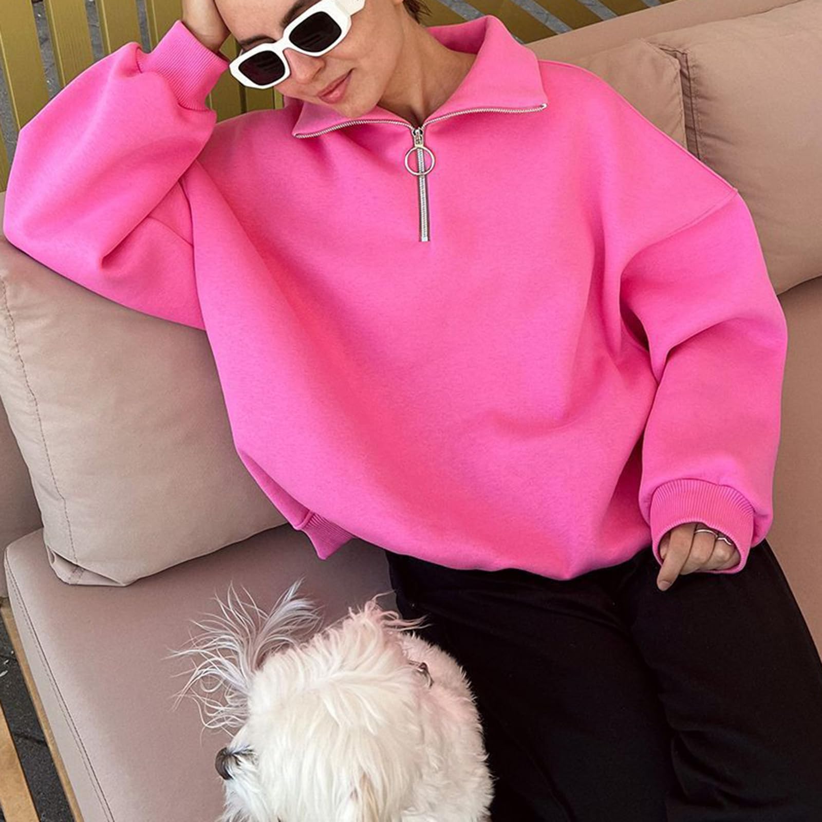 Damskie bluzy z suwakiem ćwierćdługości, polar, długi rękaw, jednolite, casual, luźne bluzy oversize
